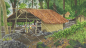 Painting of a Camp Kitchen,Penaoru village,Vanuatu|Painting by Roger Swainston
